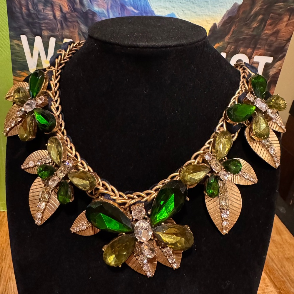 Ann Taylor Blue And Green Rhinestone Butterfly Brass and Ribbon Chain Necklace